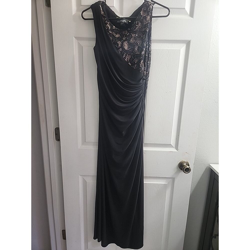 R&M Richards Petite Dress Size 10 Petite  Black lace tan sleeveless high Slit.